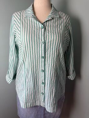 Soft Seersucker Stripe Button Front Top Teal & White Relaxed Coastal Cottage